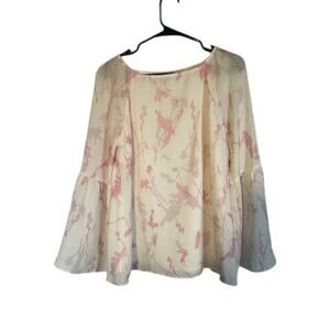 Banana Republic White Pink Floral Flowers Kimono Sleeve Blouse Top Women Sz S